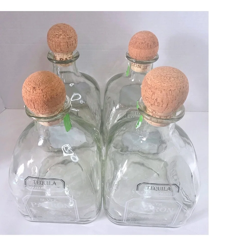 Lot of 4 Patron Silver Tequila Empty Glass Bottles 1.75L with Cork Stoppers